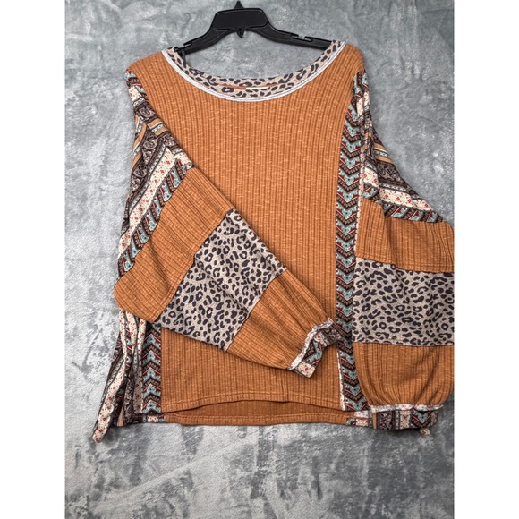 Gigio Tops - Gigio Plus Mixed Print Ribbed Knit Top Leopard Paisley Patchwork 1XL